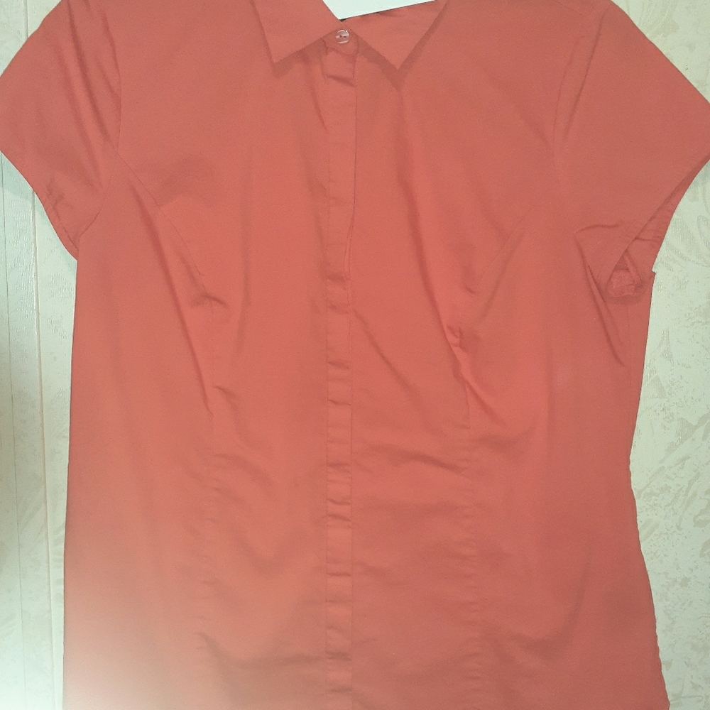 Orange Short Sleeve Buttondown Blouse
